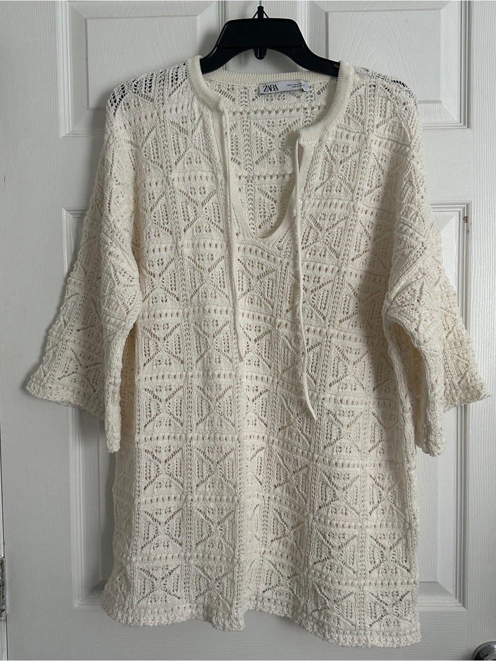 Zara Cream Openwork Tie-Neck Tunic